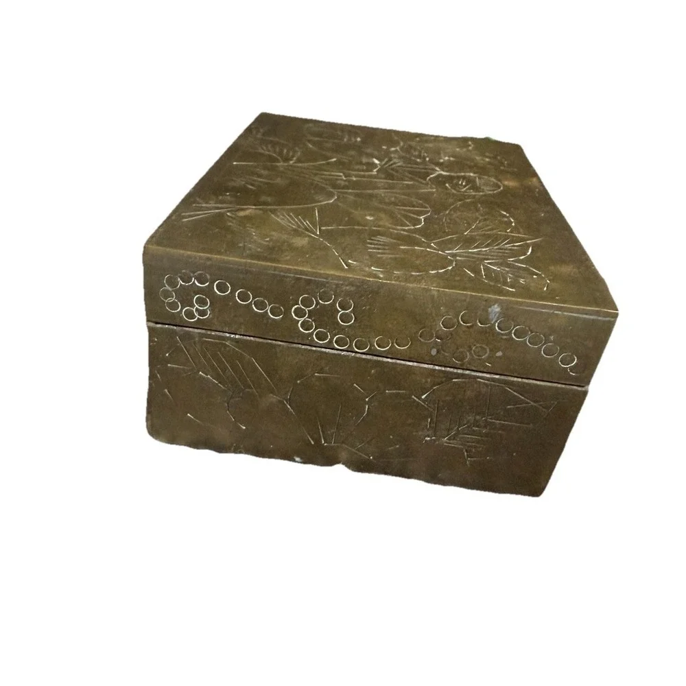 Brass Trinket Box‎ Wood Lined in metal decorative Chinese writing 3.25